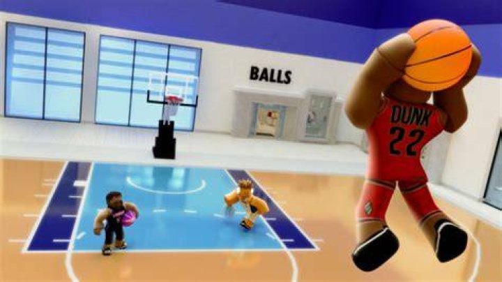 Image from Dunking Simulator showing a Roblox character performing a basketball slam dunk