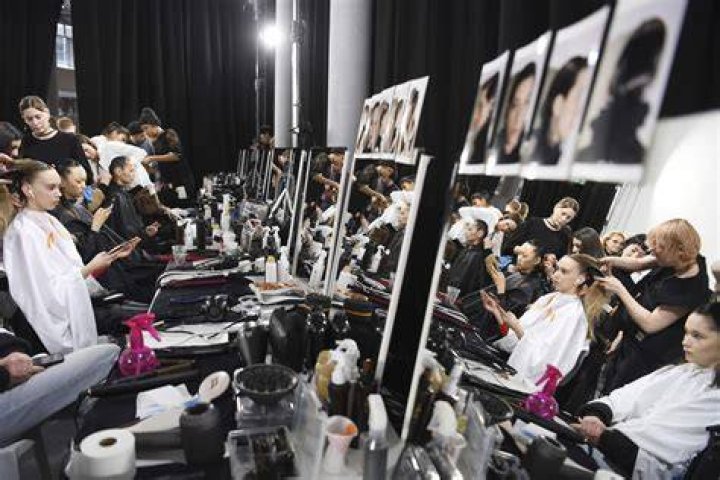 Model backstage at Trussardi show, Milan Fashion Week