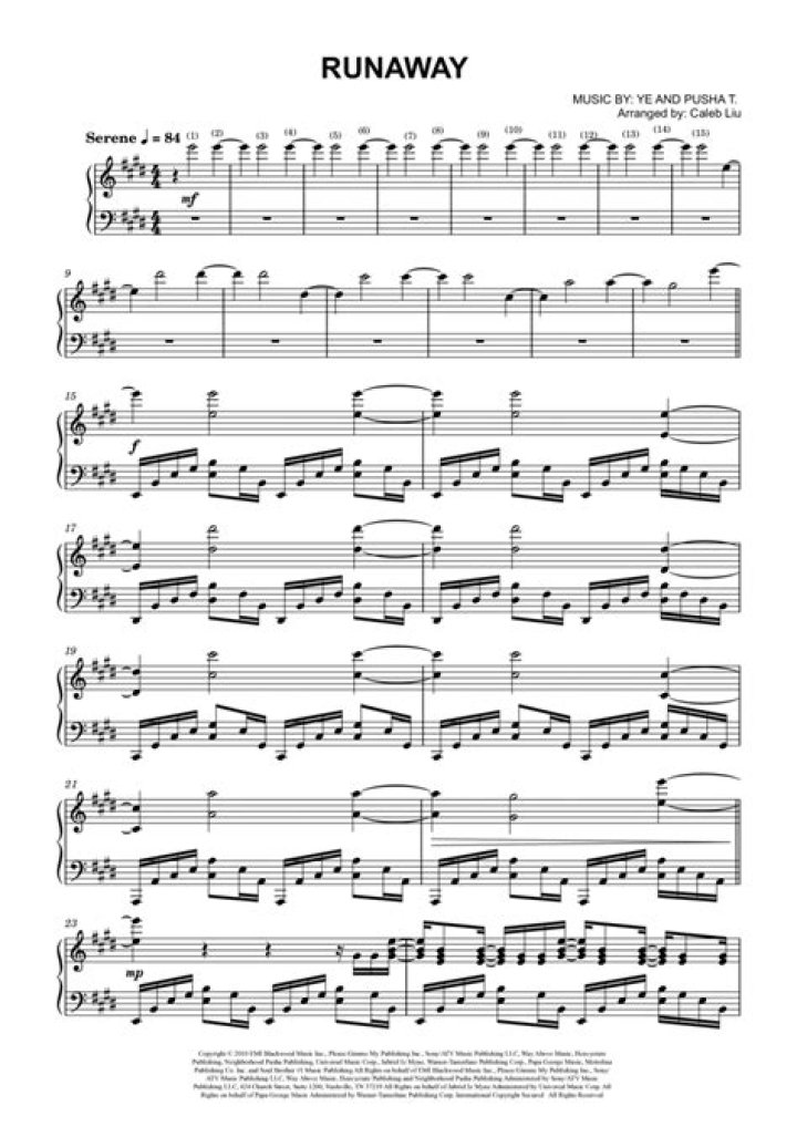 Runaway (arr. Caleb Liu) by Kanye West Sheet Music for Piano & Vocal at