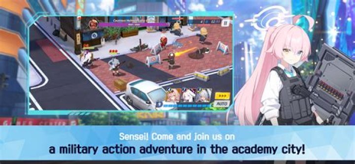 Screenshot from Blue Archive, showing four anime students preparing for battle