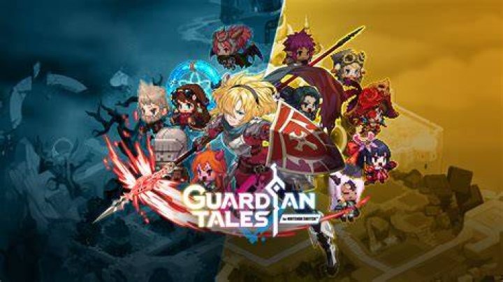 Screenshot from Guardian Tales, showing five anime characters in front of a blue sky
