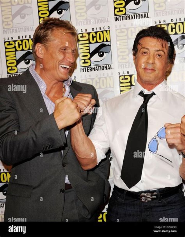 Sylvester Stallone punches Dolph Lundgren in a scene from the film 'Rocky IV', 1985.