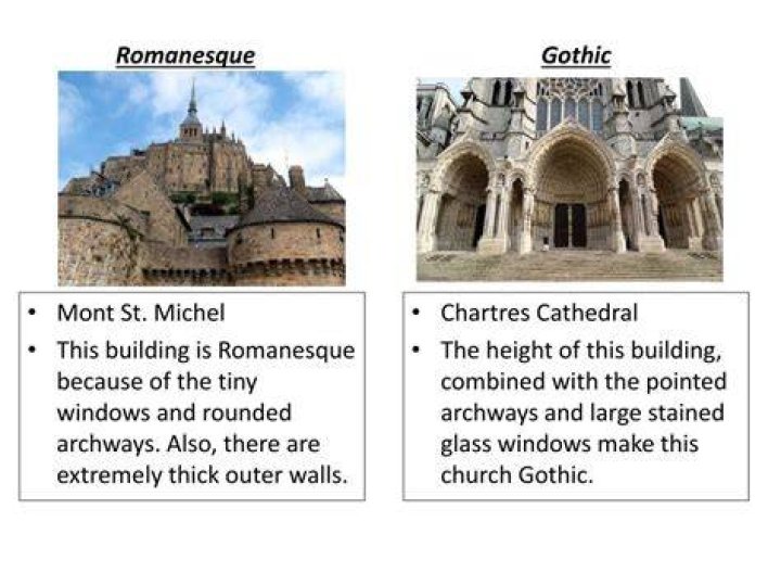 What are 3 key differences between Romanesque and Gothic architecture?