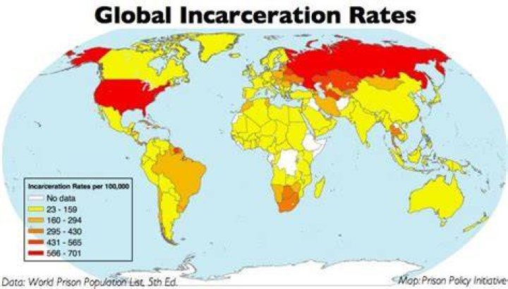 Worldwide incarceration rates. At 698 people in prison for every 100,000 adults, the US is a world leader in incarceration.